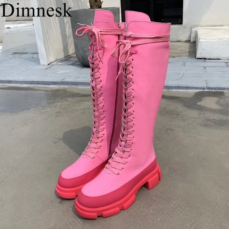 

New Pink Thick Sole Knee High Boots Women Platform Real Leather Lace Up Long Booties Autumn Winter Handsome Knight Martin Boots