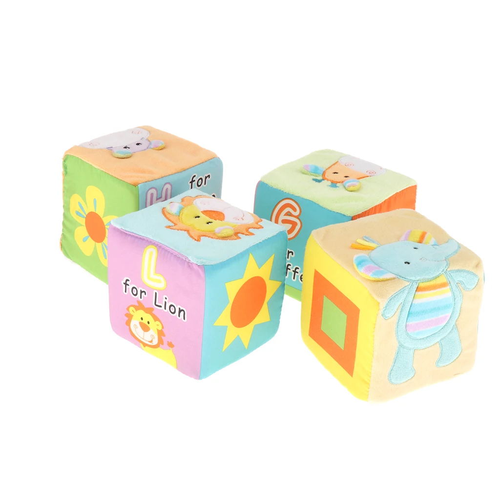 

4Pcs Cube Baby Rattles with Patterns Animals and Letters - Kids Early Sensory Educational Toys