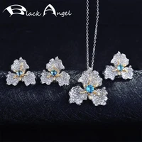 black angel new flower earrings jewelry sets temperament fashion imitation emerald necklace open ring for women luxury zircon