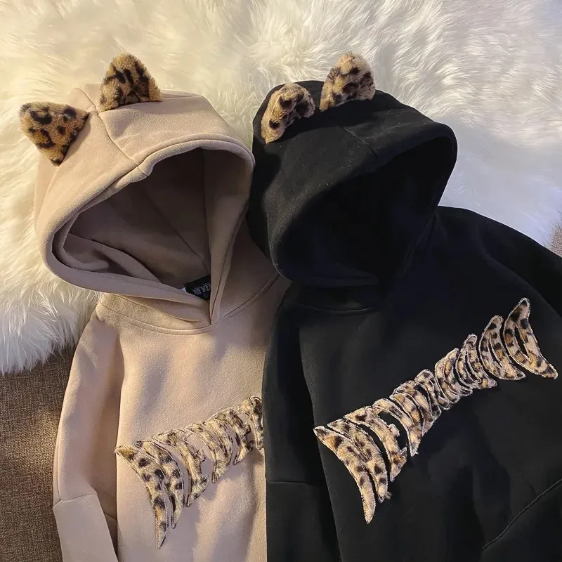 

Autumn Women Leopard Cat Ears Hooded Sweatshirt Pullovers Harajuku Fashion Streetwear Tops Female Letter Hoody Hoodies