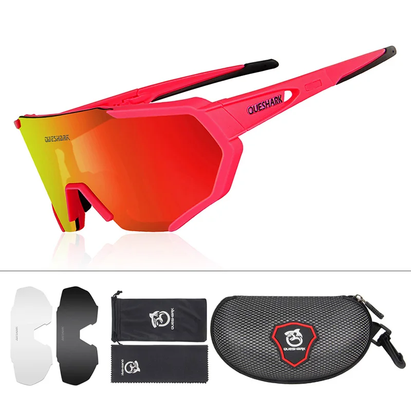 3 Lens Red QUESHARK, дизайн, очки для велоспорта для мужчин и женщин,, полностью покрытые линзы, UV400, поляризационные, 3 или 4 линзы, всего - Цвет: 3 Lens Red