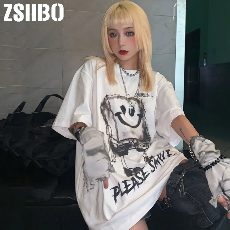 Корейская футболка в стиле хип хоп с изображением Губки Боба женская Харадзюку