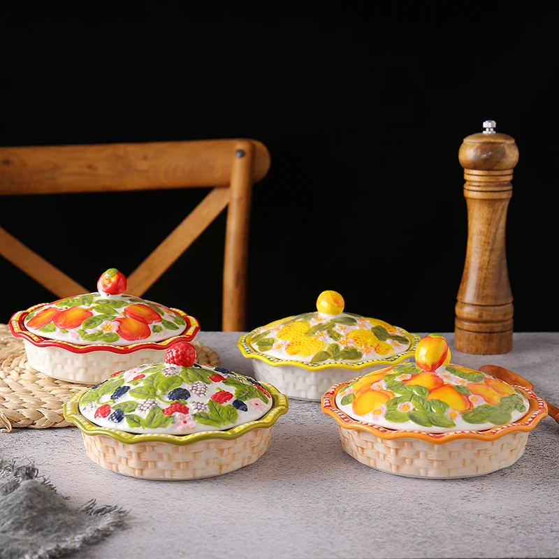 

Nordic Creative Embossed Ceramic Bake Pan Bowl Set Binaural Fruit Vegetable Oven Bake Plate