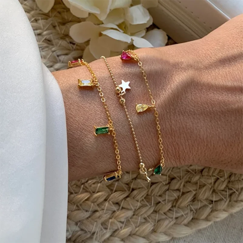 

Aide 925 Sterling Silver Colorful Water Drop Zircon Charm Bracelets For Women Square Green Crystal Beads Thick Chain Bracelet