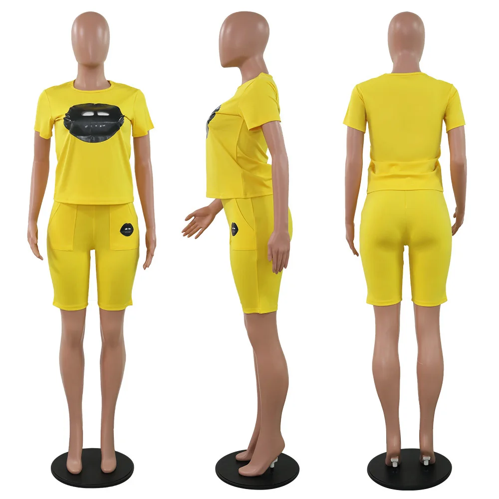 

Lips Print Sexy 2 Piece Set Summer Clothes for Women Round Neck Short Sleeve Slim Tshirt and Biker Shorts Suit Causal Tracksuits