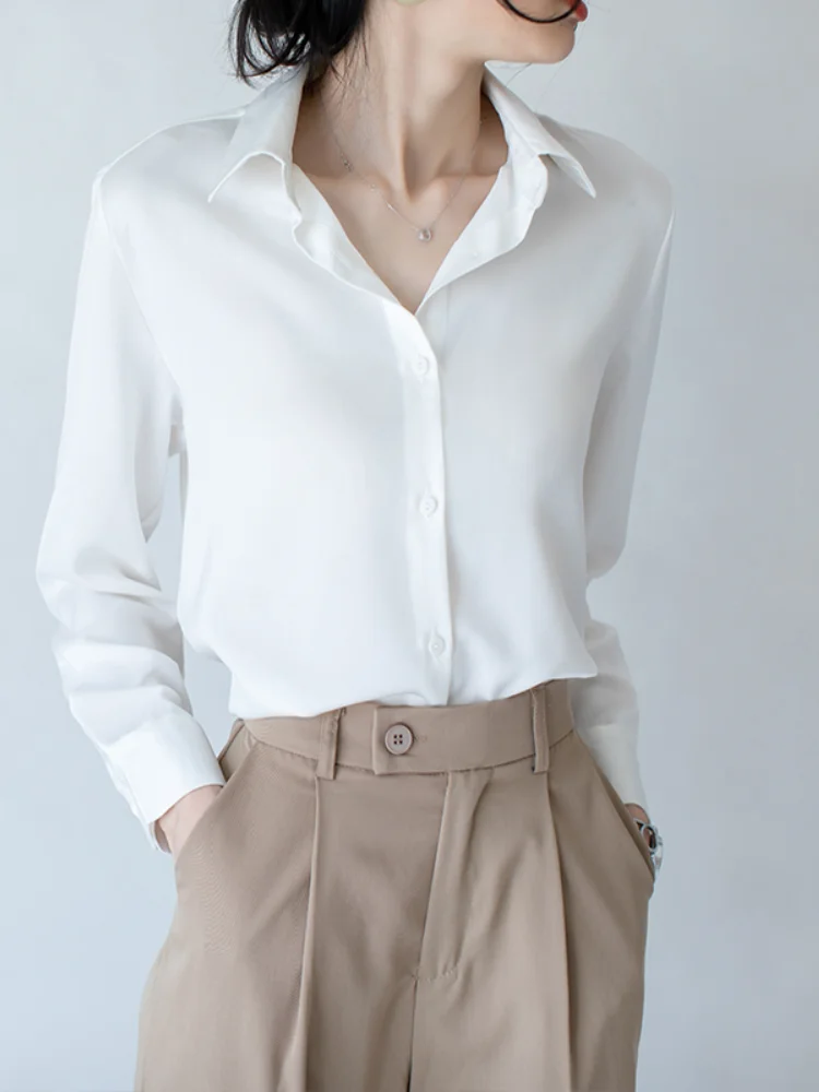 

Solid Satin Chiffon Women Shirts Summer New 2021 Turn-Down Collar Long-Sleeved Elegant Office Lady Outwear Tops