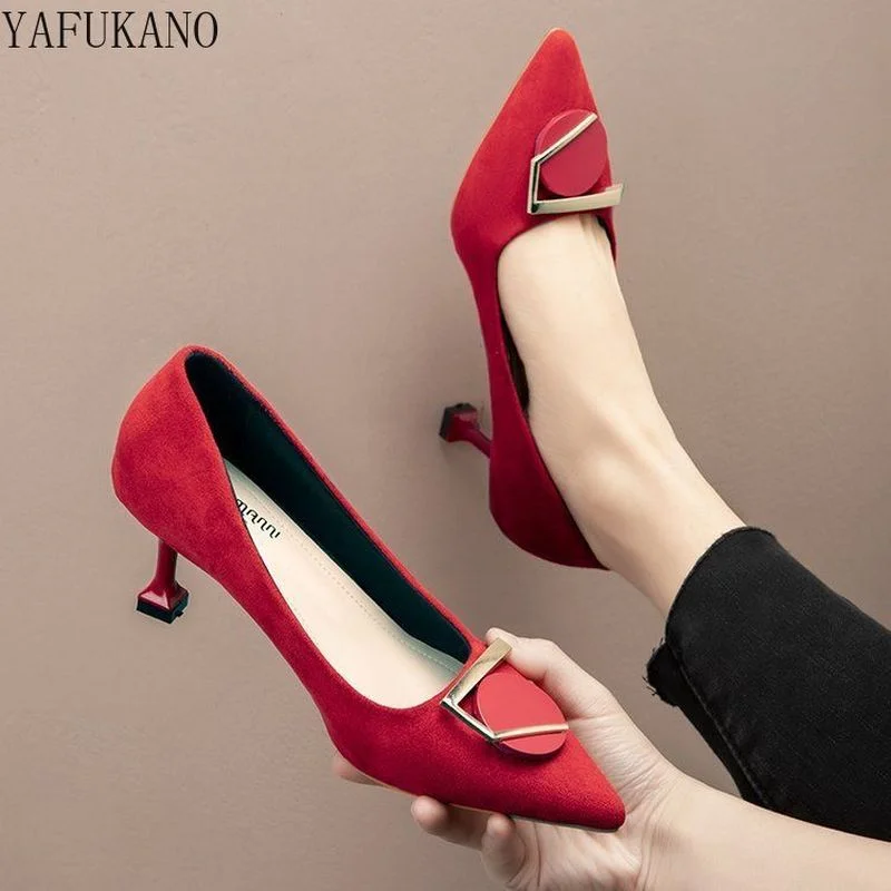 

French Girl High Heels Stiletto Pointed Toe Small Fresh Professional Black Single Shoes Metal Decoration Solid Flock Women Pumps