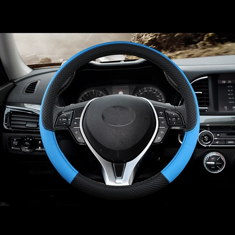 Black Blue Чехол рулевого колеса автомобиля Skidproof Авто Крышка рулевого колеса Противоскользящий Универсальный тиснение кожа автомобиль-Стайлинг - Название цвета: Black Blue