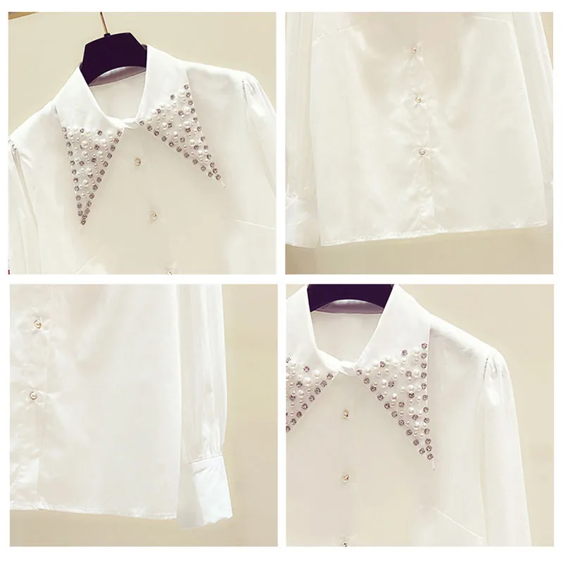 

2021 Women White Lace Shirt Diamonds Trend Tops Mental Tassels Black Collar Beading Hollow Out Design Blouse Mujer