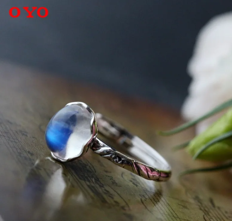 Open Thai silver female ring Hand-set natural blue moonstone 925 sterling silver ring factory direct free shipping