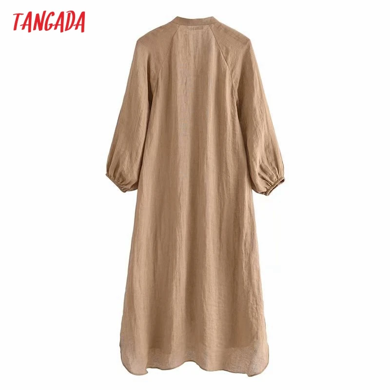 

Tangada 2021 Women Khaki Linen Oversized Dress V Neck Long Sleeve Ladies Loose Long Dress Vestidos 3H730