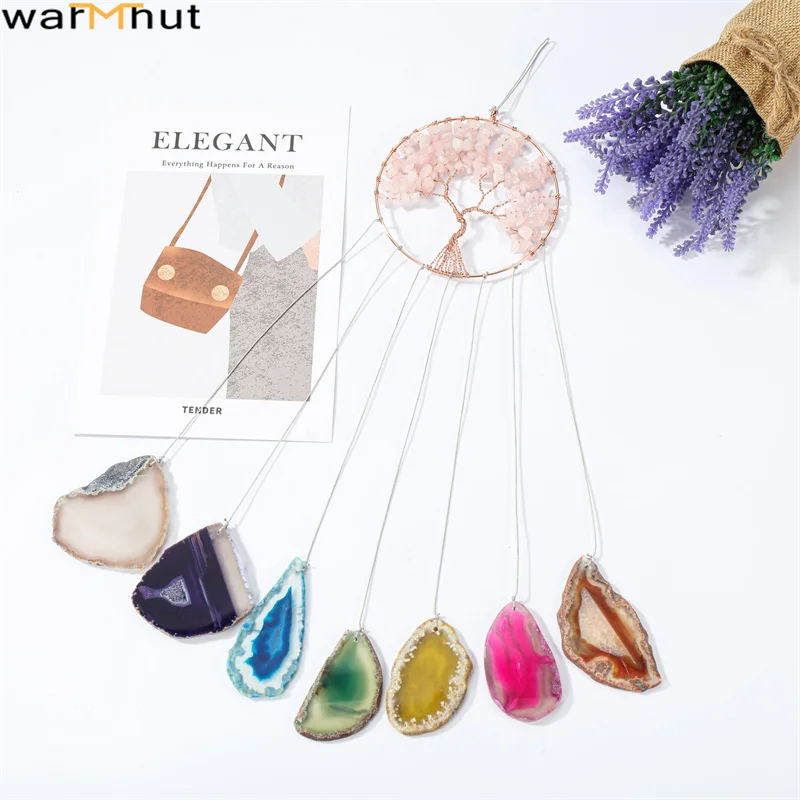 

WarmHut Rose Quartz Amethyst Tree of Life 7 Chakra Agate Slices Wind Chimes Reiki Healing Hanging Ornament for Garden Home Decor