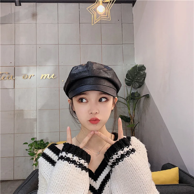 Берет женский из искусственной кожи восьмиугольная осенне-зимняя | Спорт и