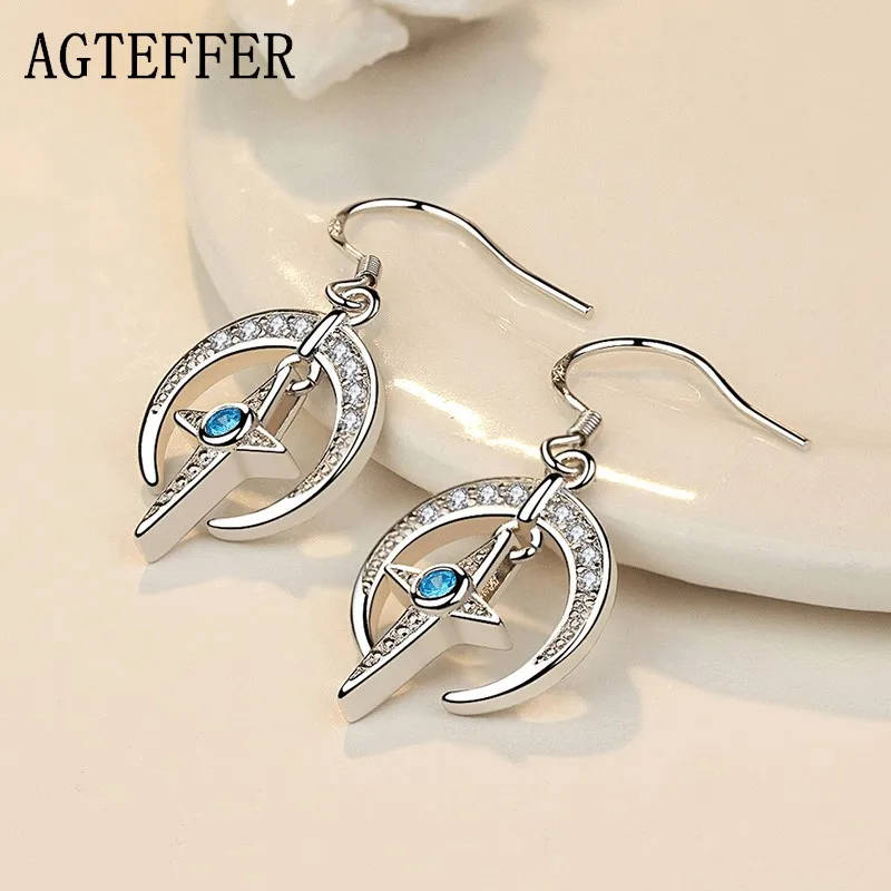 

AGTEFFER 925 Sterling Silver Fashion Elegant Temperament Moon Big Ear Hook Cross Zircon Earrings For Women Wedding Jewelry Gift