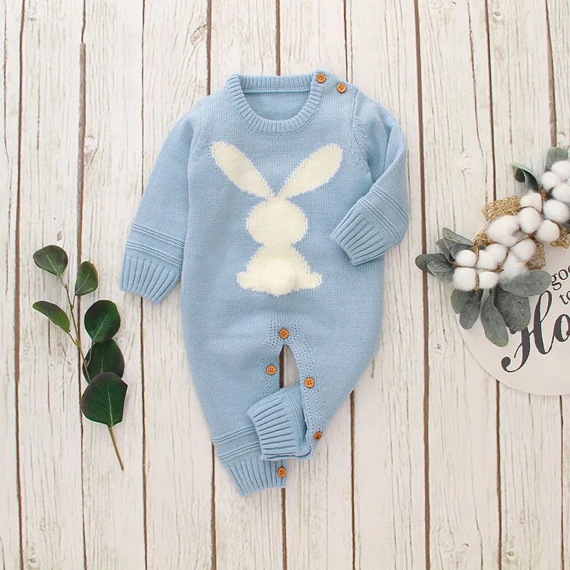 light blue Милый вязаный Кролик хвост лоскутное комбинезон для новорожденного, для малыша для маленьких мальчиков девочек переплетения с длинным рукавом комбинезон Детские комбинезоны одежда - Цвет: light blue