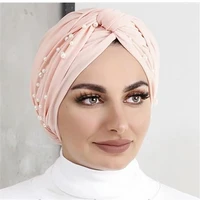 2021 muslim fashion women stretchy cotton turban caps twist indian hat islamic wraps headscarf bonnet pearls turbante hijab cap
