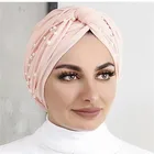 2021 г., мусульманская Мода, женские эластичные хлопковые шапки-тюрбаны, твист, индийская шапка, мусульманские шапки, головной платок, шапка с жемчугом, хиджаб, шапка
