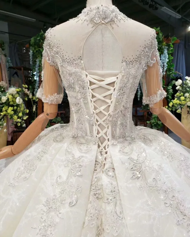 Тюль Половина рукава Иллюзия Высокая шея Weding платья Пышное Свадебное Платье