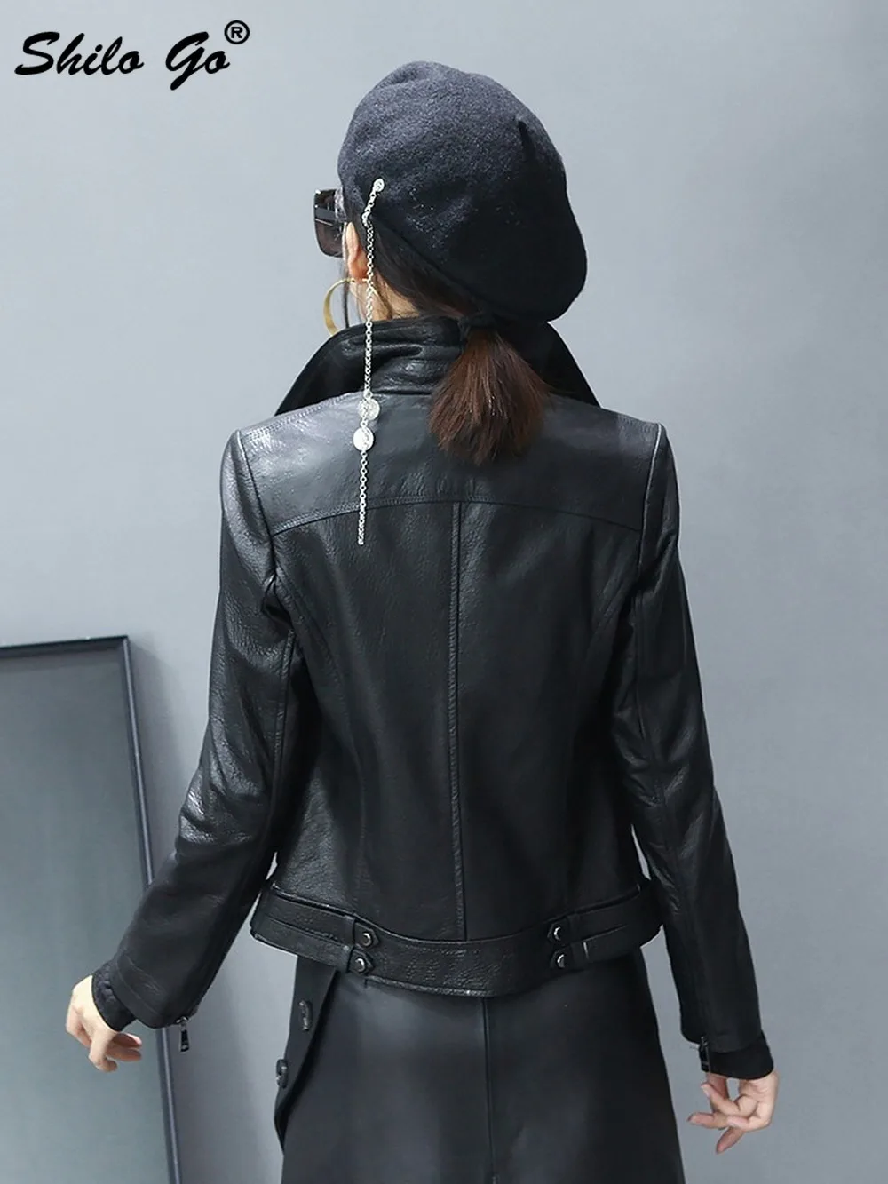 

Moto Notched Neck Slim Zipper Black Jacket Women Winter Streetwear High Street Genuine Leather Coats Concise Sheepskin Outwear