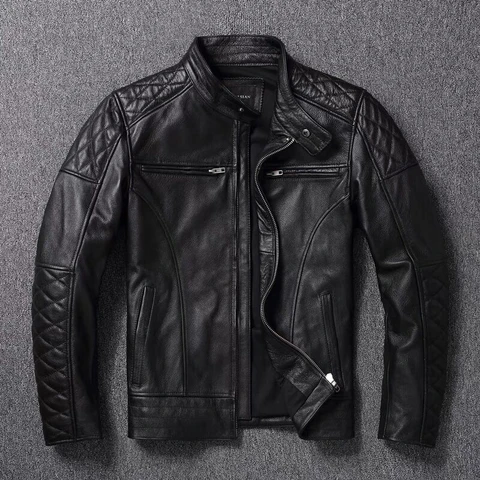 Новинка 2021, мужская кожаная куртка из бычьей кожи, облегающая модная мотоциклетная одежда с воротником-стойкой