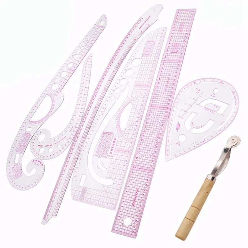 

7Pcs/Set Ruler Tailor Measuring Kit Clear Sewing Drawing Ruler Yardstick Sleeve Arm French Curve Set Cutting Ruler Paddle Wheel