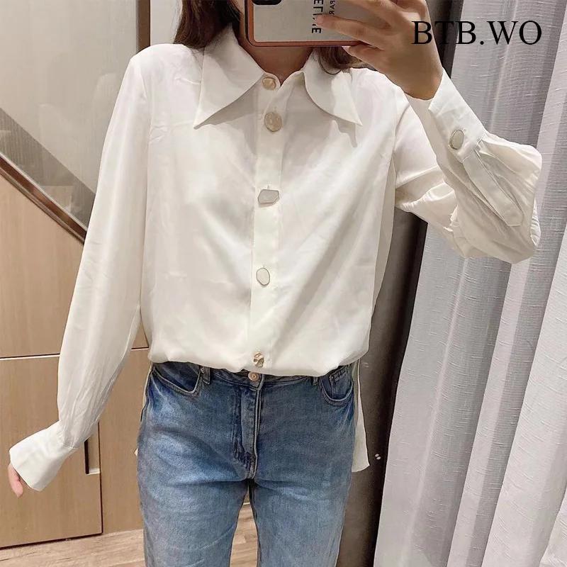 

BTB.WO Za Women Solid Office Wear Simple Blouse Turn Down Collar Shirt Ladies Blusas Mujer De Moda 2021 Shirt Women Tops