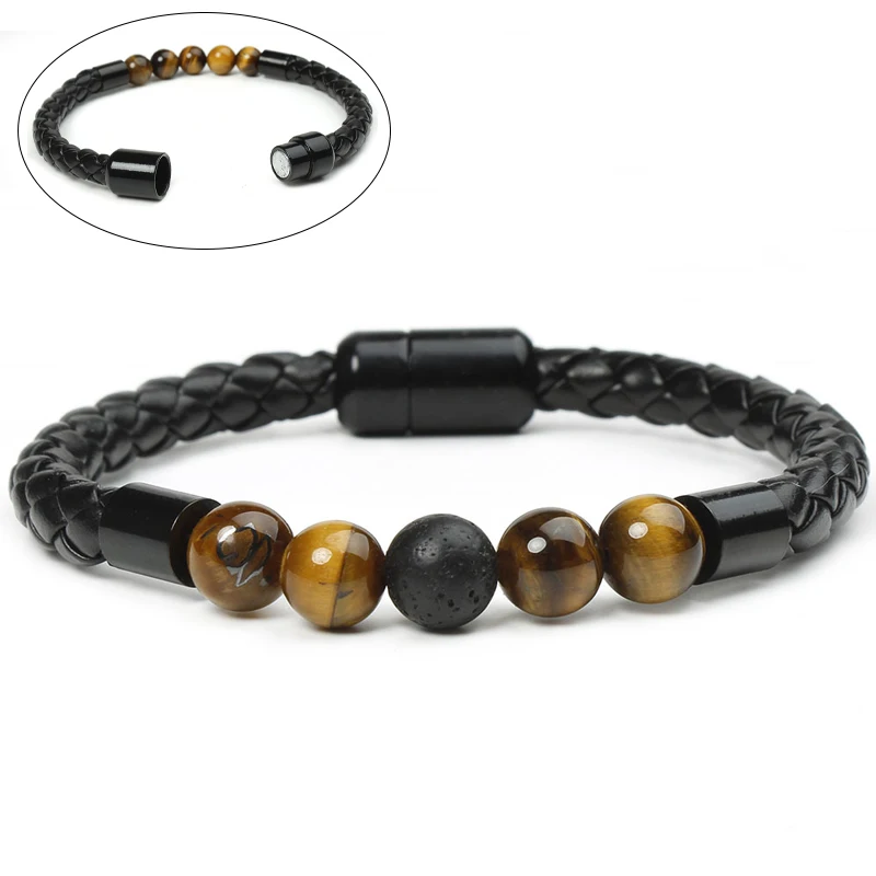 

Genuine Leather Braided Bracelet Lava Chakra Stone Beads Black Leather Magnetic Clasp Bracelets & Bangles for Men Punk Jewelry