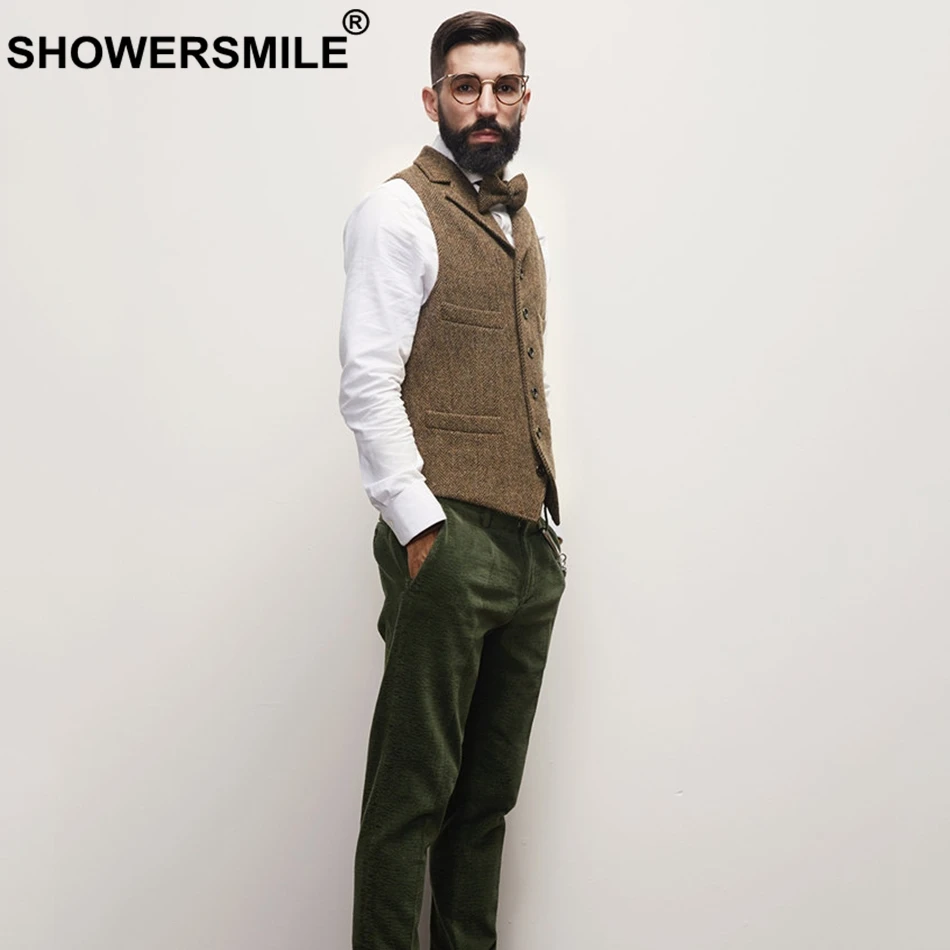 SHOWERSMILE твидовый жилет мужской жилет в елочку коричневый винтажный жакет без рукавов мужские карманы Ретро Тонкий Повседневный Осенний жилет