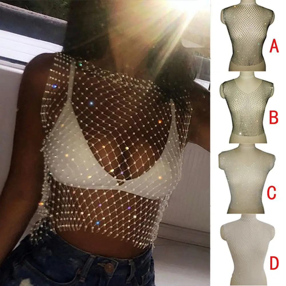 2020 сексуальный женский топ без рукавов нейлоновая ажурная рубашка со стразами