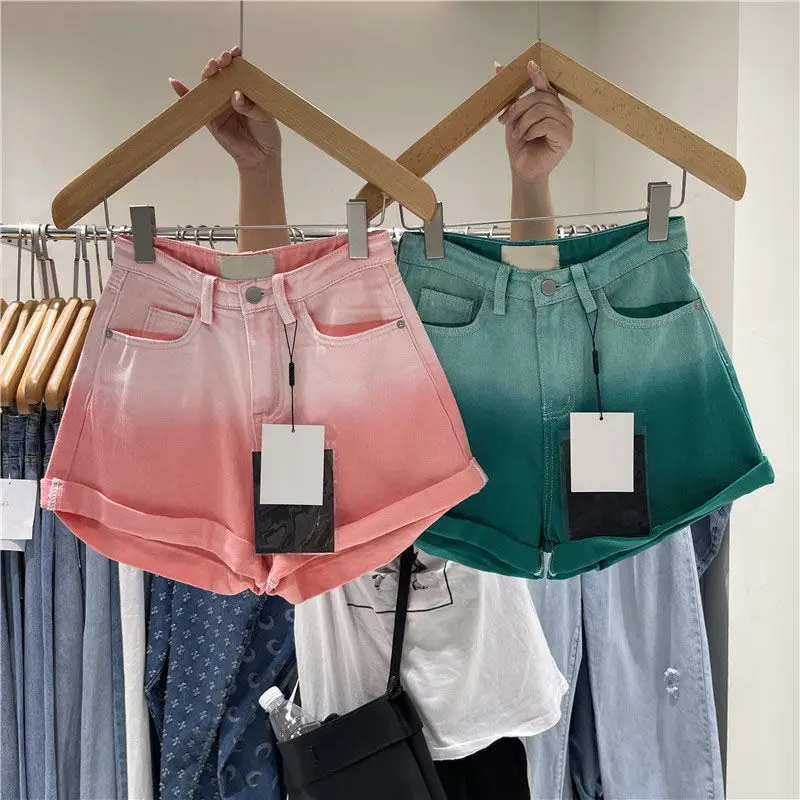 

New Summer Women High Waist Button Wigh Leg Jeans Shorts Casual Female Loose Fit Blue Pink Green Tie-Dye Denim Shorts S-3XL