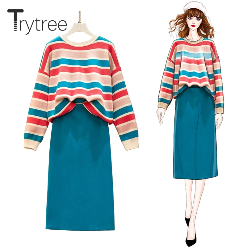 Женский комплект из двух предметов Trytree повседневный топ в полоску с круглым