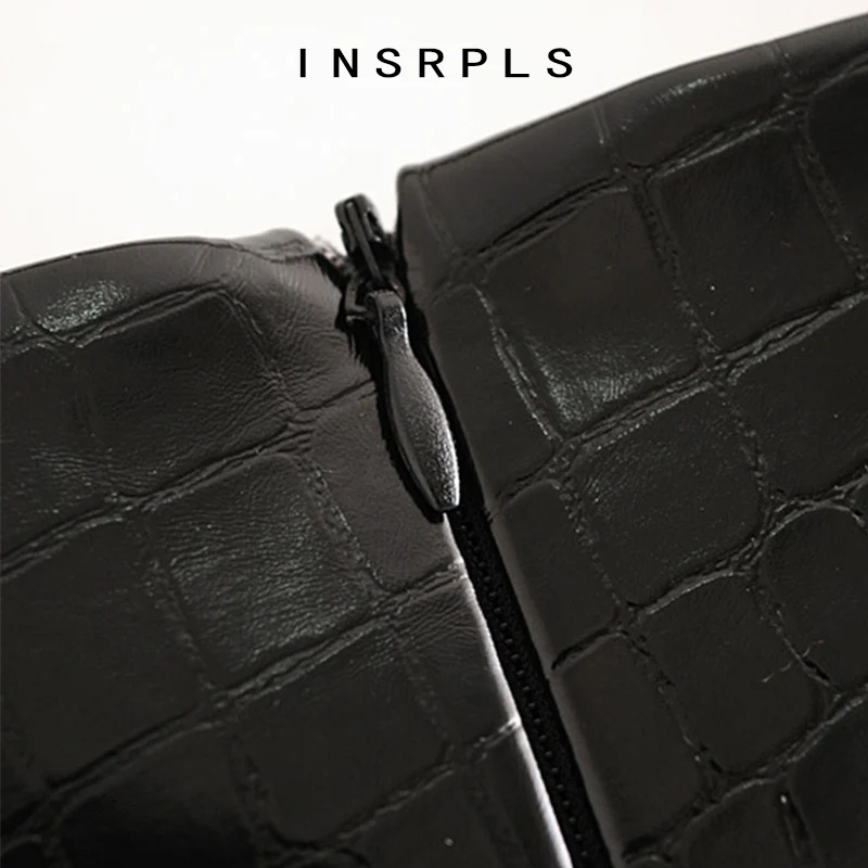 

INSRPLS Women Chic Fashion Faux Leather Textured Mini Skirt Vintage High Waist Back Zipper Female Skirts Mujer