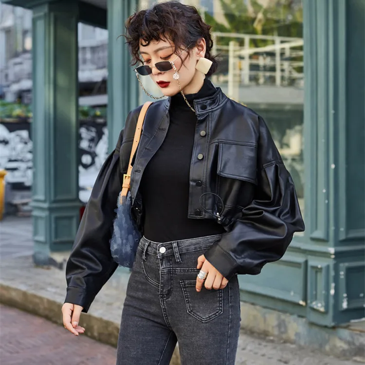 

Spring 2021 Loose Big Pocket Vintage Black Faux Washed PU Leather Jacket With Belt Plus Size Biker Leather Outwear