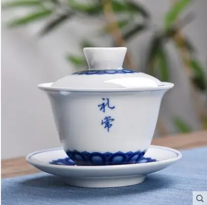 Керамическая чашка с тремя крышками стакан для чая большая сине белая фарфоровая