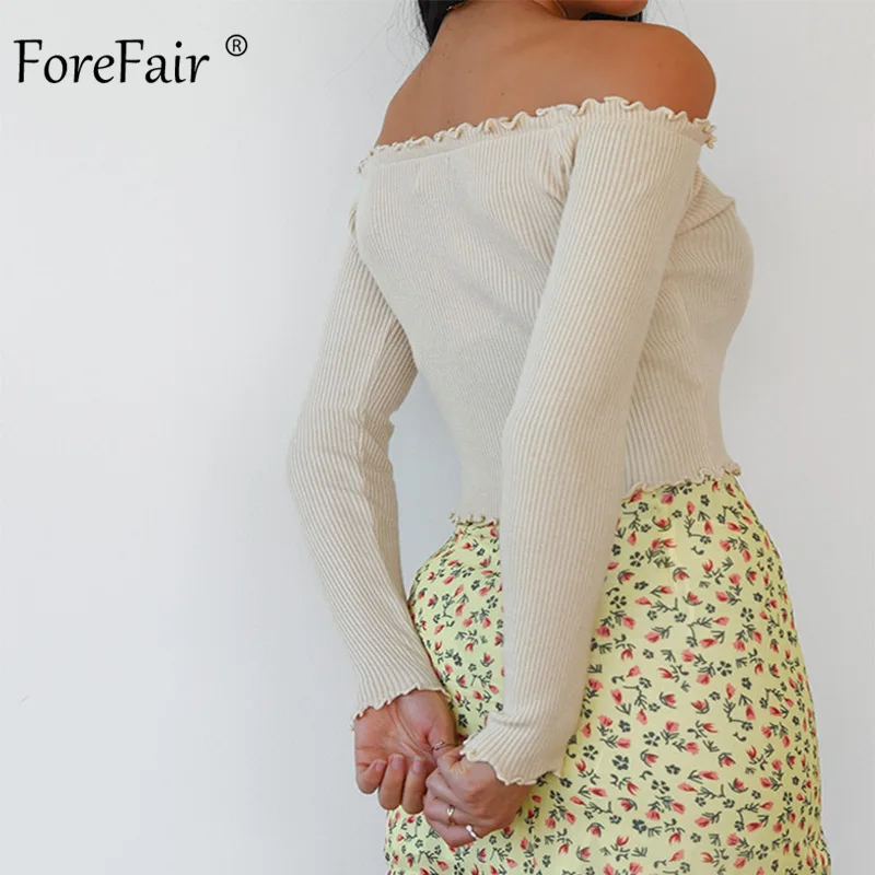 Женский укороченный топ с открытыми плечами Forefair вязаный Топ в рубчик длинным