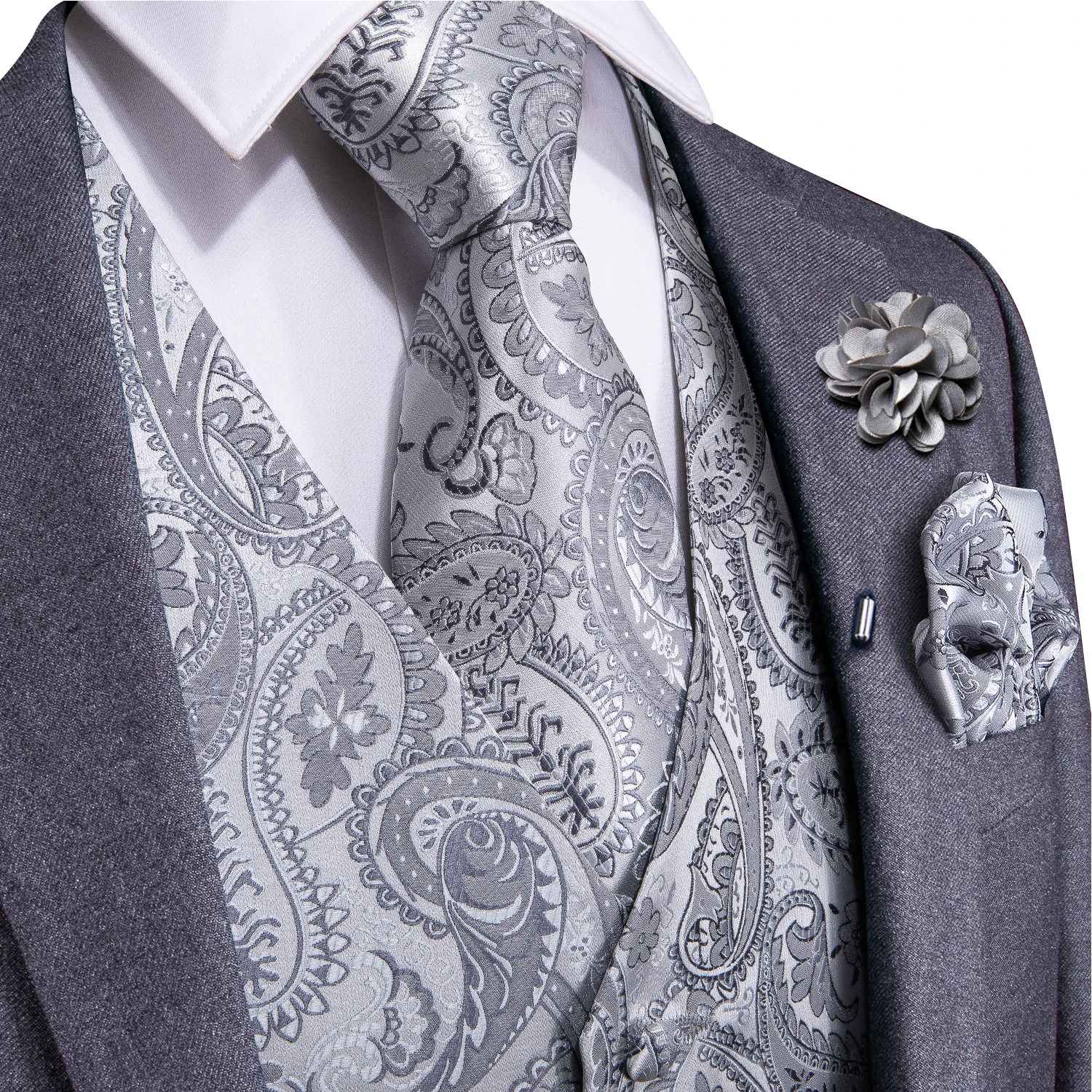 

Men Suit Vest Tie Set Printed Silk Vest V Neck Casual Sleeveless Jacket Formal Homme Waistcoat 5-PCS Set for Wedding Party