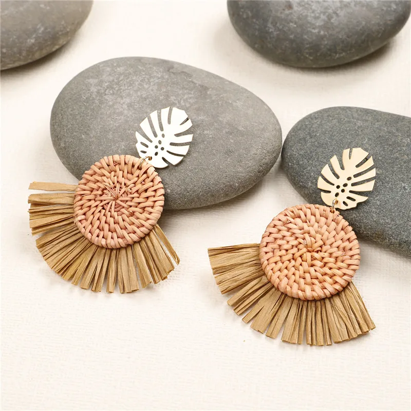 Серьги женские серьги из ротанга и соломы ручной работы с тропическим