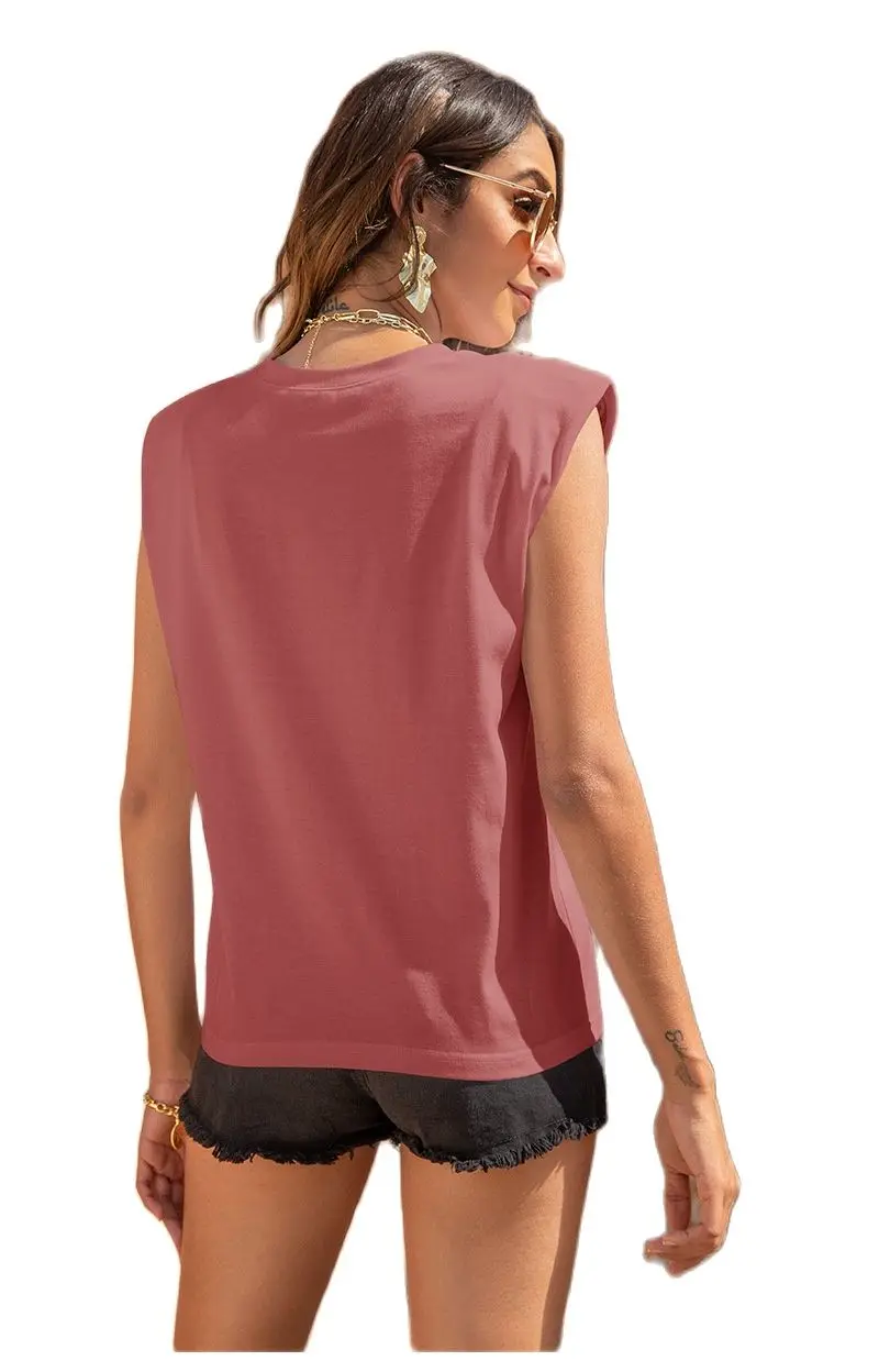 

OLOMLB 2021 European and American summer new women's round neck casual solid color sleeveless shoulder pad vest T-shirt