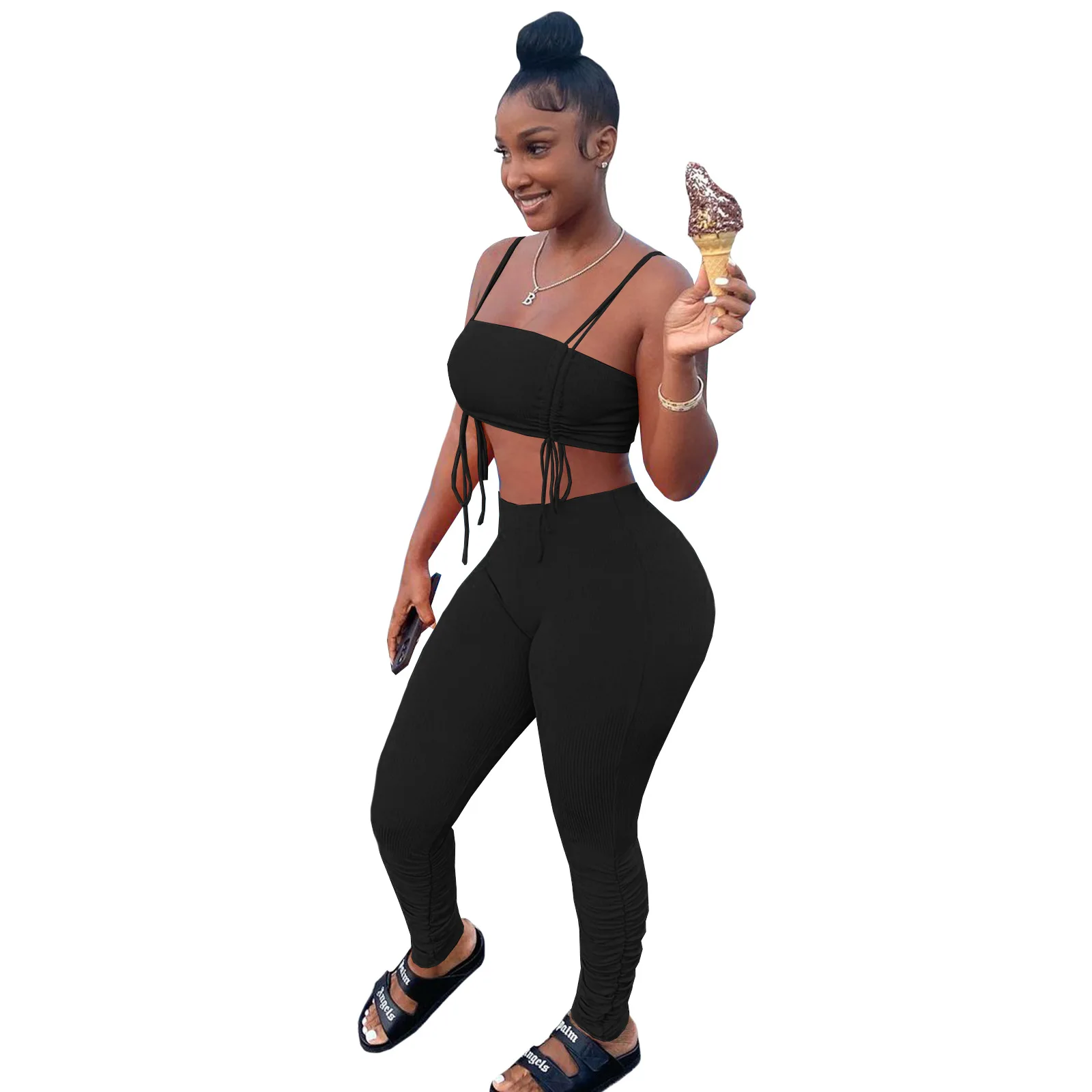 

New Arrivals 2021 Women Sets Sleeveless Spaghetti Strap Cropped Tops Skinny Pencil Pants Solid Tracksuit Wholesale Dropshpping