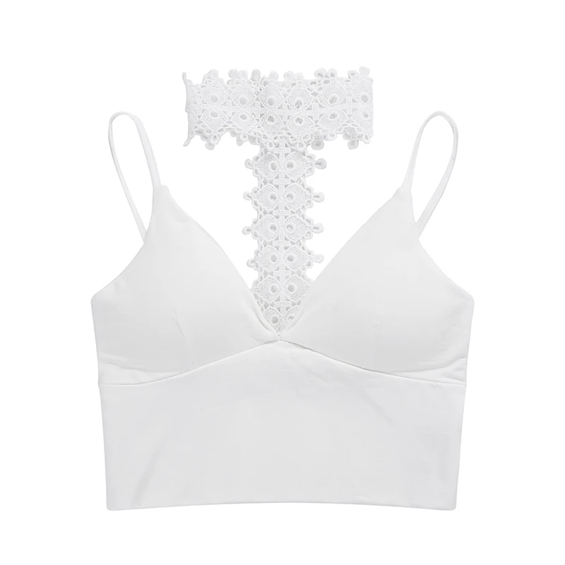 Женский укороченный топ без рукавов с кружевным воротником однотонный