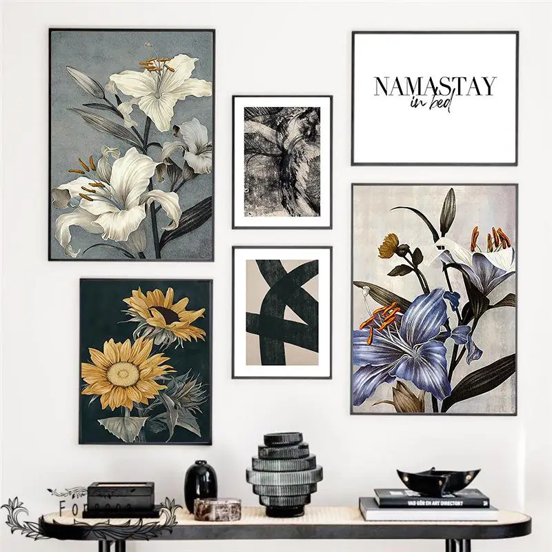 Ретро картина маслом подсолнуха лилии принты на холсте геометрический узор