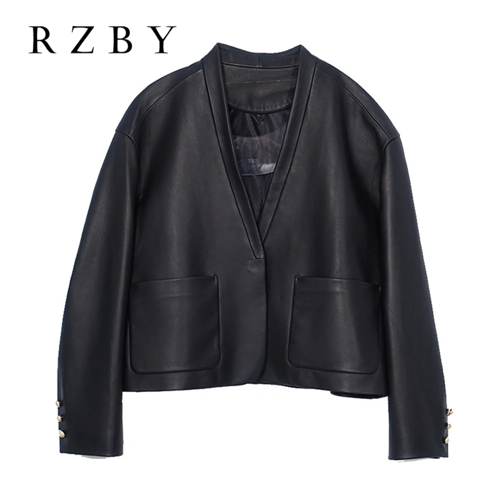 

Женское кожаное пальто Genniue, 100% натуральная овчина, демисезонная элегантная женская куртка из натуральной замши с V-образным вырезом, куртка...