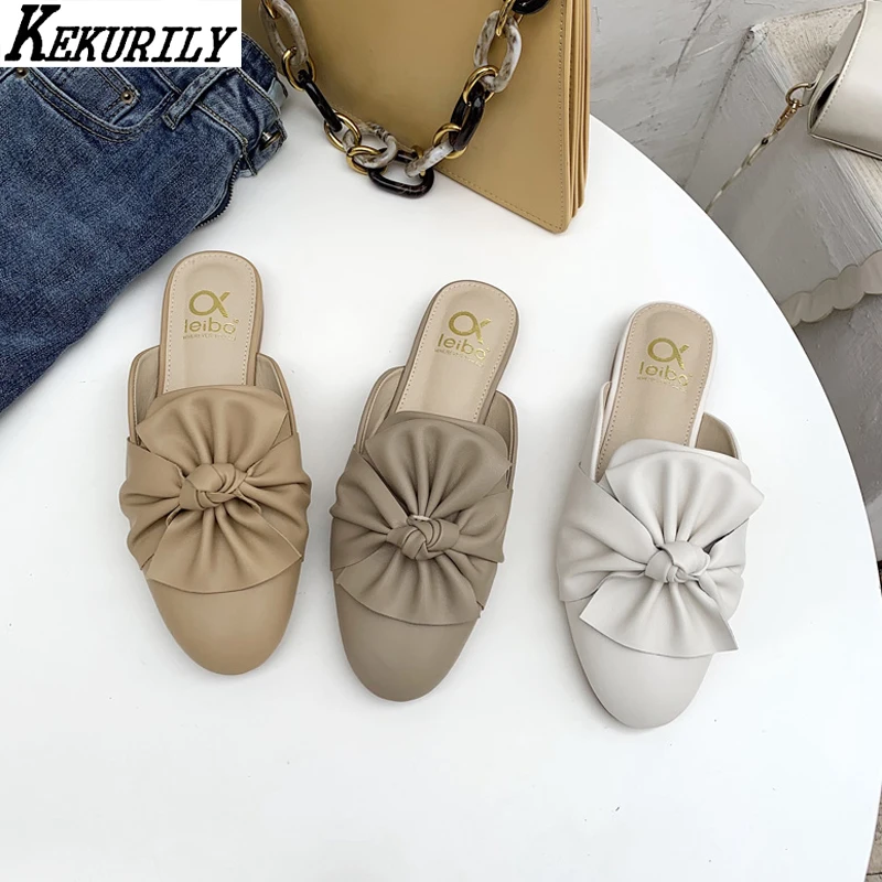 Мюли женские с бантом бабочкой кожаные плиссированные тапочки на низком каблуке