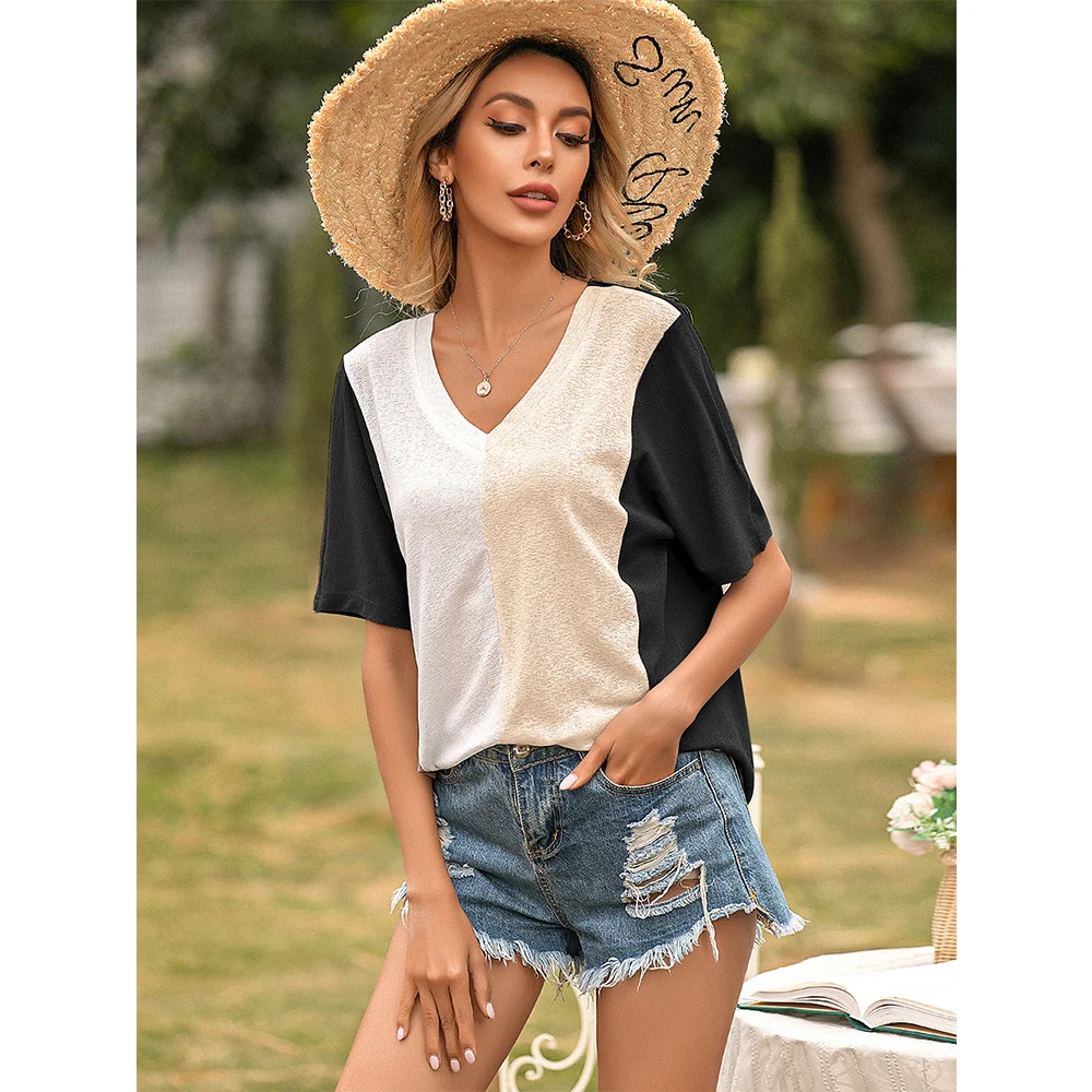 

V Neck Summer T-Shirt Female Patchwork Hit Colors Fashion Basic Streetwear New Cotton Short Sleeve Shirt