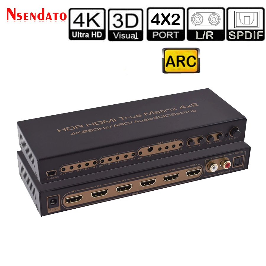 4K * 2K 60Hz HDR HDMI матричный 4X2 АУДИО ВЫКЛЮЧАТЕЛЬ экстрактора для Dolby ARC SPDIF EDID 4 в 2 из
