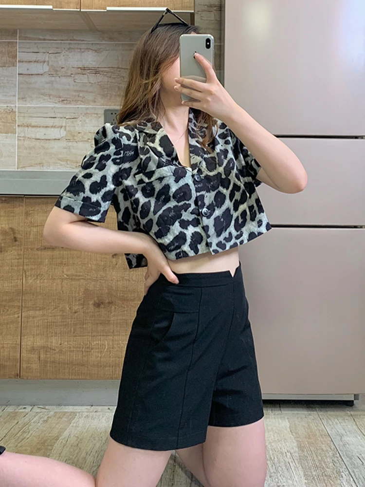 

New Short Sleeve Leopard Print Women's Summer Loose Slim French Retro Bubble Sleeve Fashion Tops Sexy Korean Style Stylish