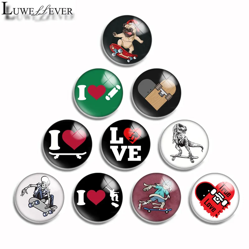 12mm 10mm 16mm 20mm 25mm 30mm 505 Love Skateboard Mix Round Glass Cabochon Jewelry Finding 18mm Snap Button Charm Bracelet