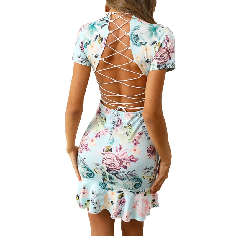 

2021 Women Dress Floral Print Backless Short Sleeve Summer Ruffles Lace-Up Bandage Beach Casual Sexy Ladies Streetwear Sundress