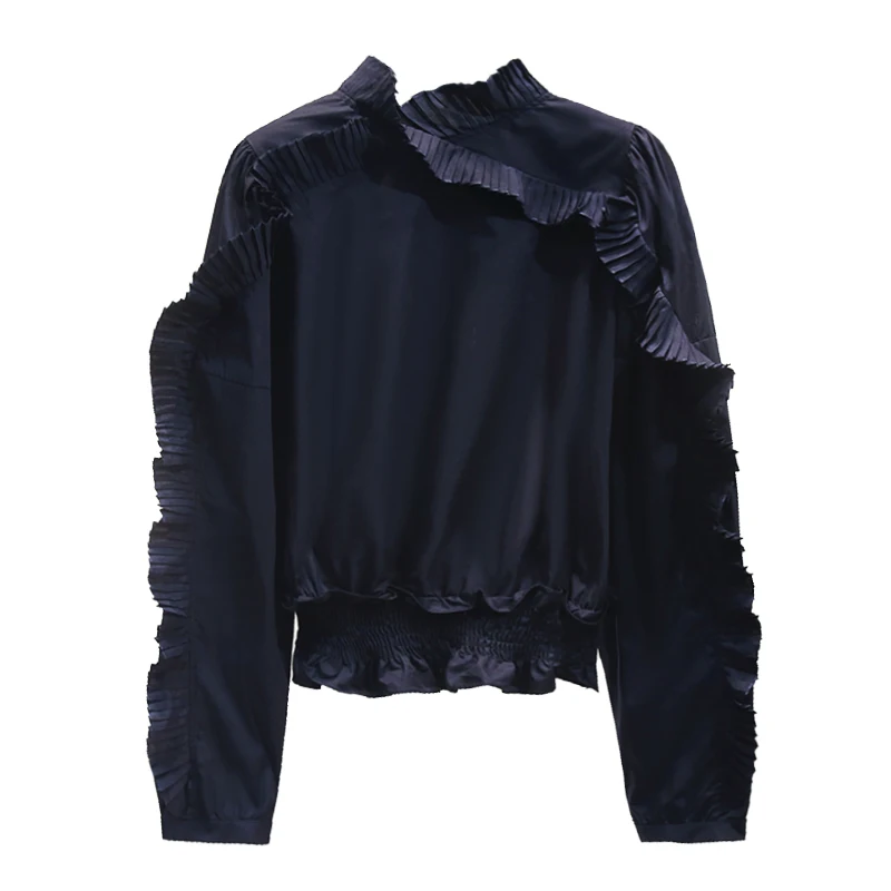 

Fold Ruffled Blouse for Woman Solid Color Stand Collar Long Sleeve Shirts Women's Crop Top Blusas Mujer Khaki White Black