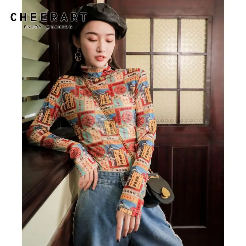 Cheerart уличная футболка женская с длинным рукавом Топ черепаха шеи печать графическая футболка Femme Осень Harajuku одежда